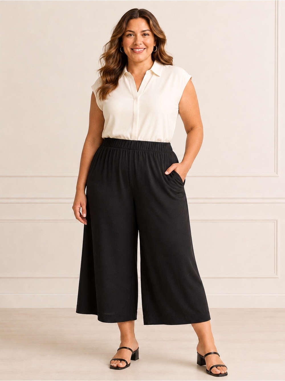 Lane Bryant Black Wide-Leg Pull-On Crop Pants